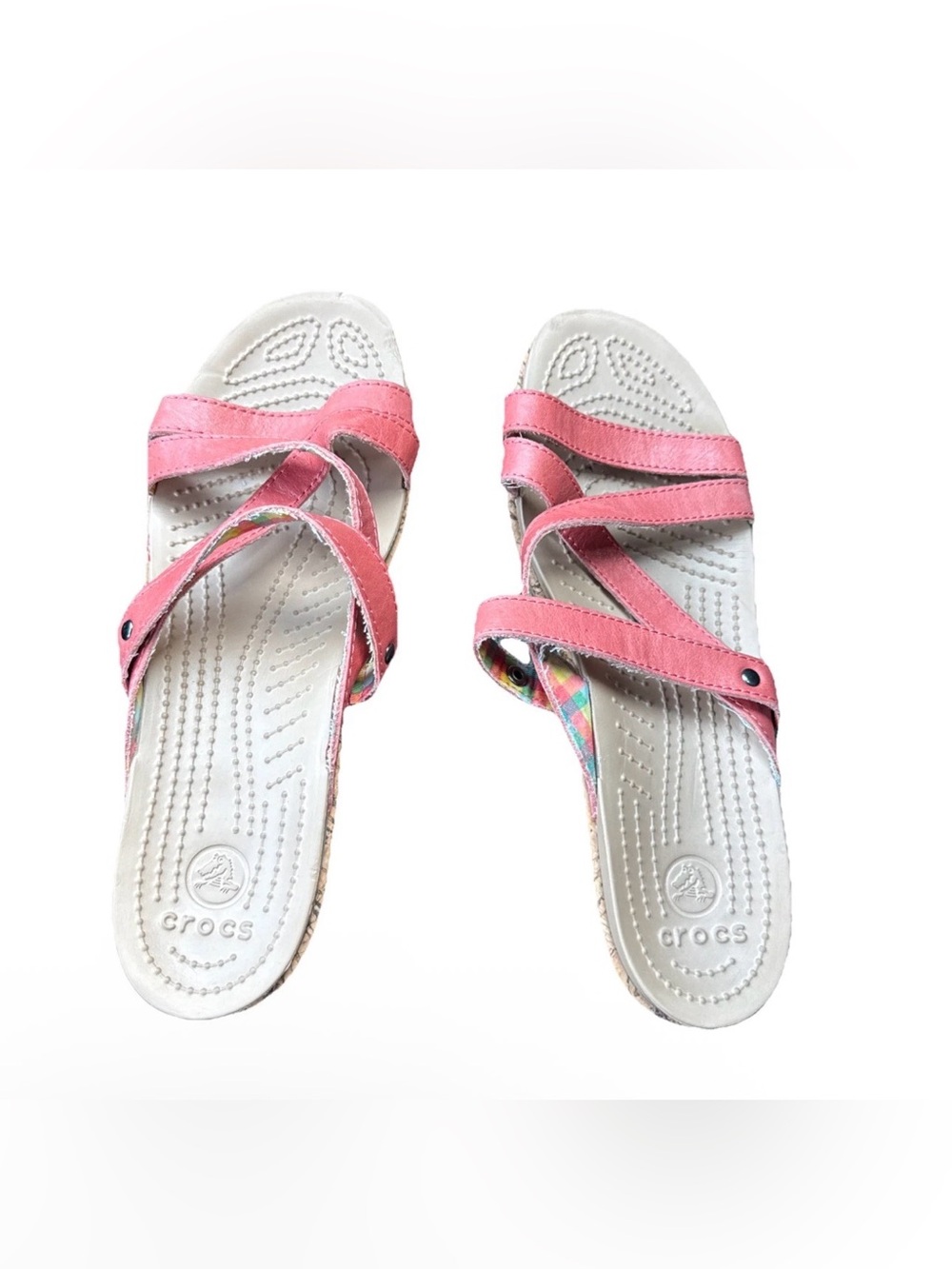 Crocs Wedge Sandals Womens Size 9 Pink Leather Leigh Mini Strappy Cork Heels